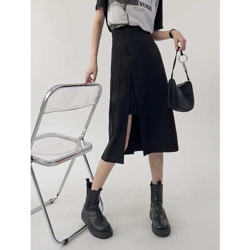 

Women's Clothing Black Half Body Skirt Vintage Sexy Slit High Waist Casual Korean Fashion Baggy A-Line Short Skirt Ladies Summer
