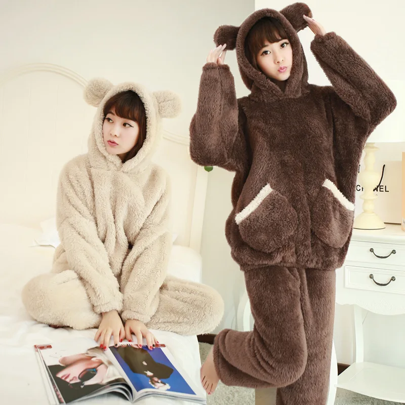 Women Winter Warm Thin Pajama Suit Length To The Shank Polyester Comfortable Cute Cartoon Animal Leisure Wear With Two Round Ear