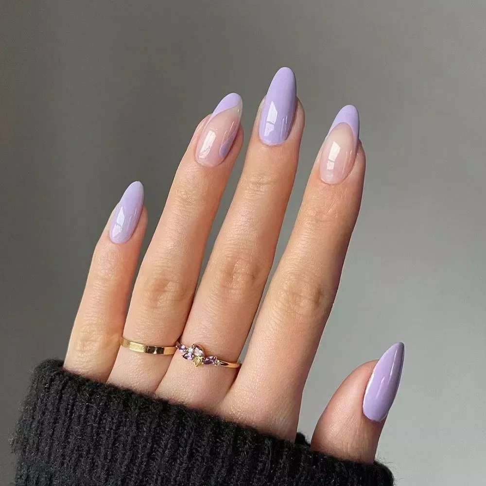 

Almond False Nails Short French Blue Design Artificial Ballerina Fake Nails With Glue Full Cover Nail Tips Press On Nails