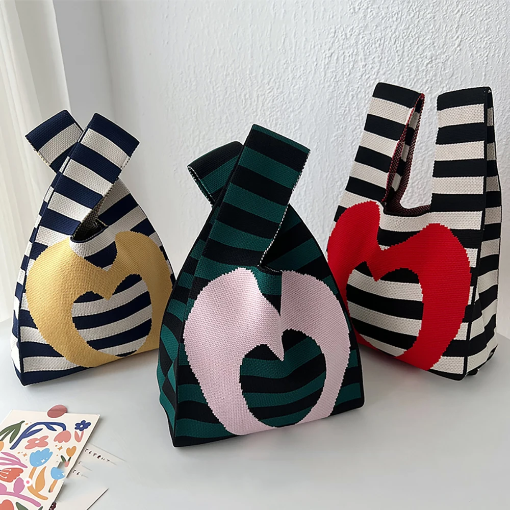 

Handmade Knit Handbag Women Mini Knot Wrist-bag Female Casual Color Wide Stripe Plaid Tote Bag Student Reusable Shopping Bag
