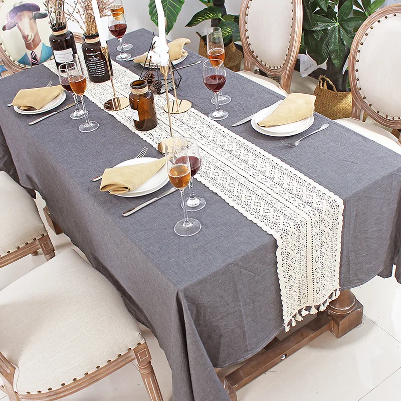

Beige Crochet Lace Table Runner with Tassel Cotton Wedding Decor Hollow Tablecloth Nordic Romance Table Cover Coffee Bed Runners