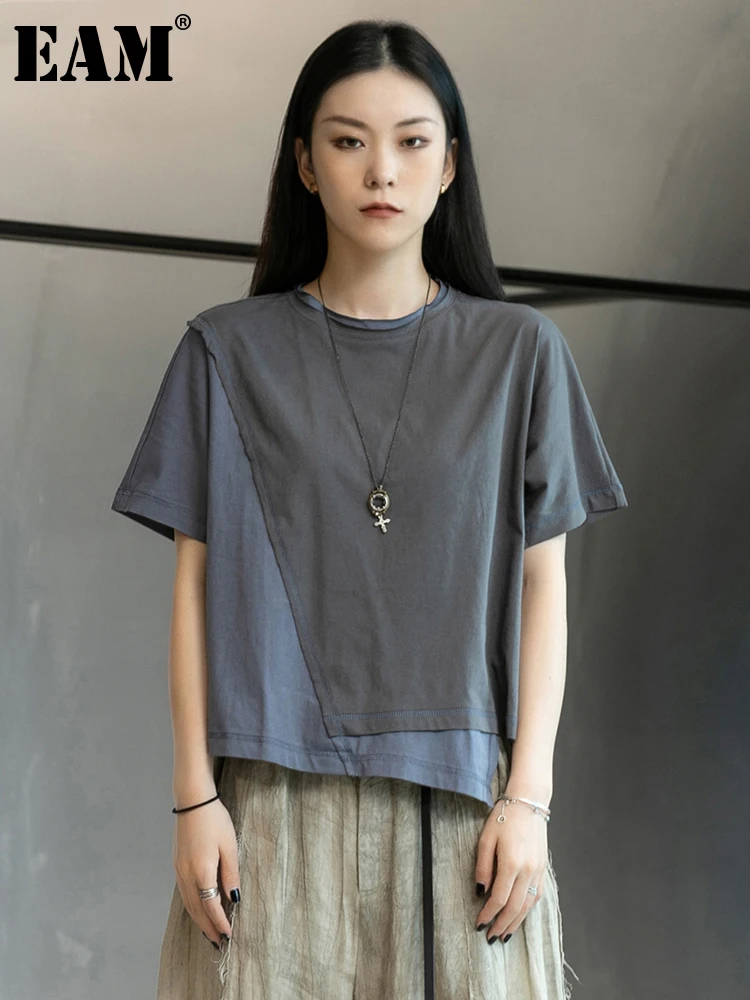 

[EAM] Women Gray Irregular Spliced Big Size Casual T-shirt New Round Neck Half Sleeve Fashion Tide Spring Summer 2022 1DE1251
