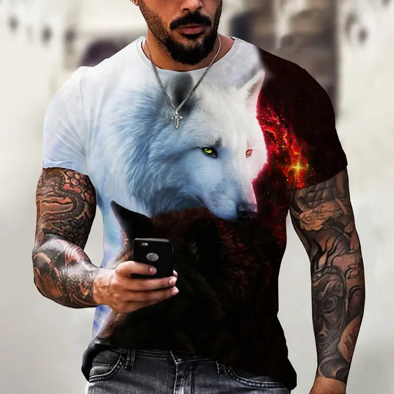 

Fashion Couple Wolf Animal Print 3D Men's T-Shirt Summer Street Short Sleeve Camiseta Round Neck T-Shirt Casual Tops Tees 6XL