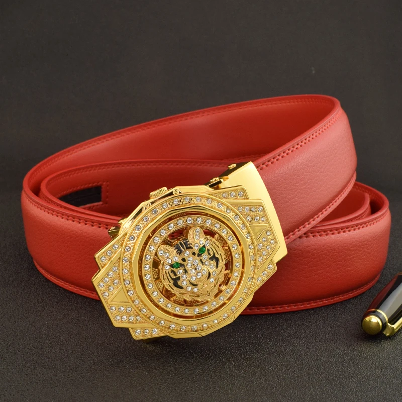 

High Quality Emerald Rotating Round Buckle Tiger Belt Luxury Brand Leather Designer New Red Belt Men's Fashion Ceinture Homme