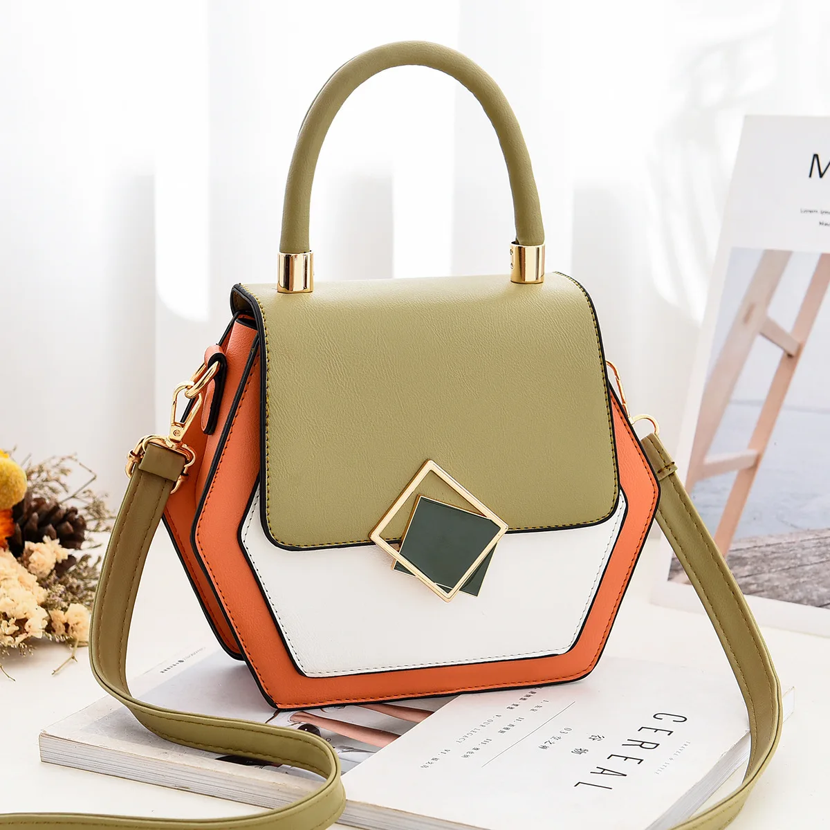 

Creative Hexagon Shoulder Hand Bag For Women 2022 Aesthetic Contrast Color PU Leather Crossbody Bags Ladies Purses and Handbags