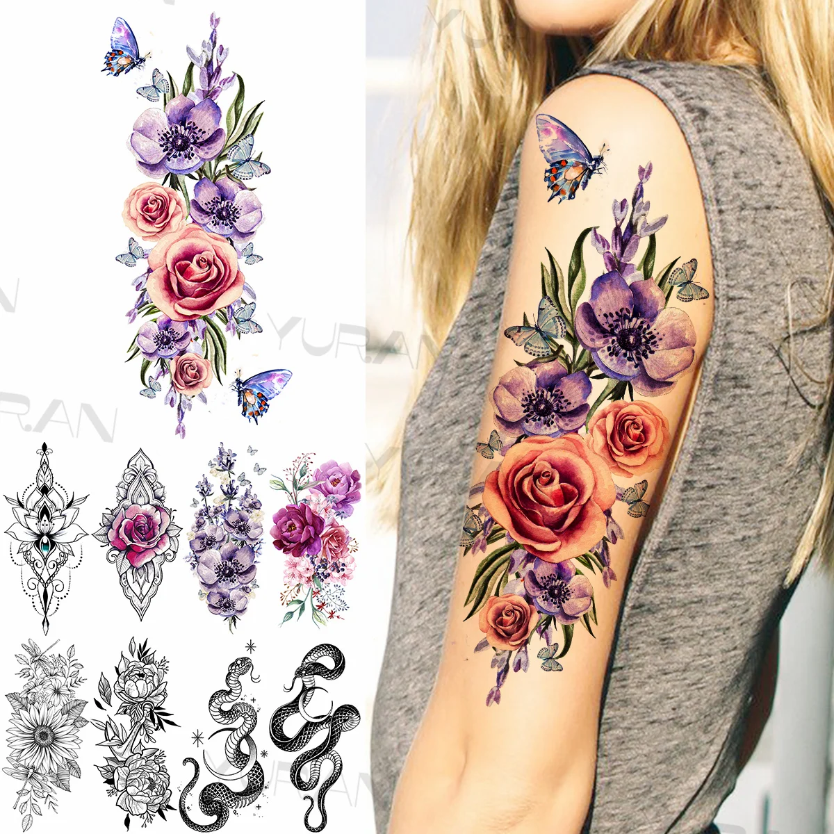 

Watercolor Rose Butterfly Temporary Tattoos For Women Girls Henna Snake Anchor Flower Fake Gemstone Tattoo Sticker Arm Tatoos