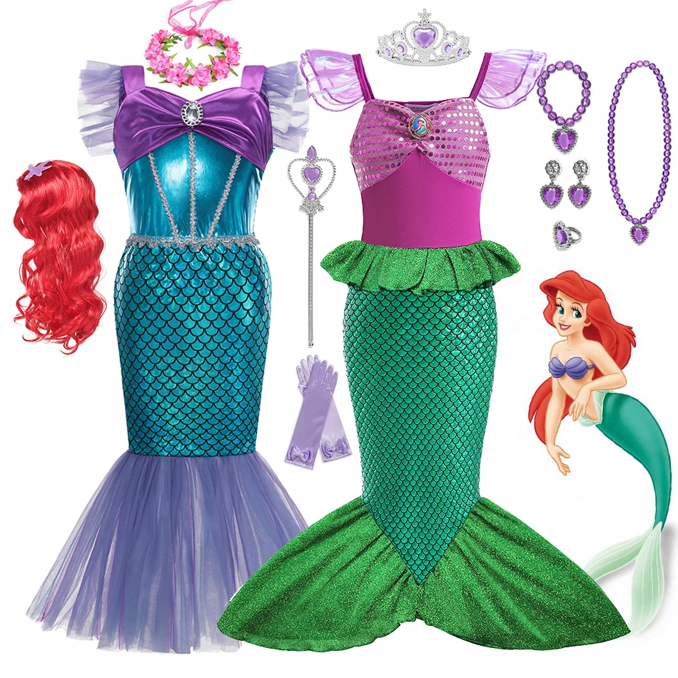 Disney Girl Princess Little Mermaid Ariel Dress Kids Costume Cosplay bambini Halloween Birthday Party Clothes Summer Dress Girl