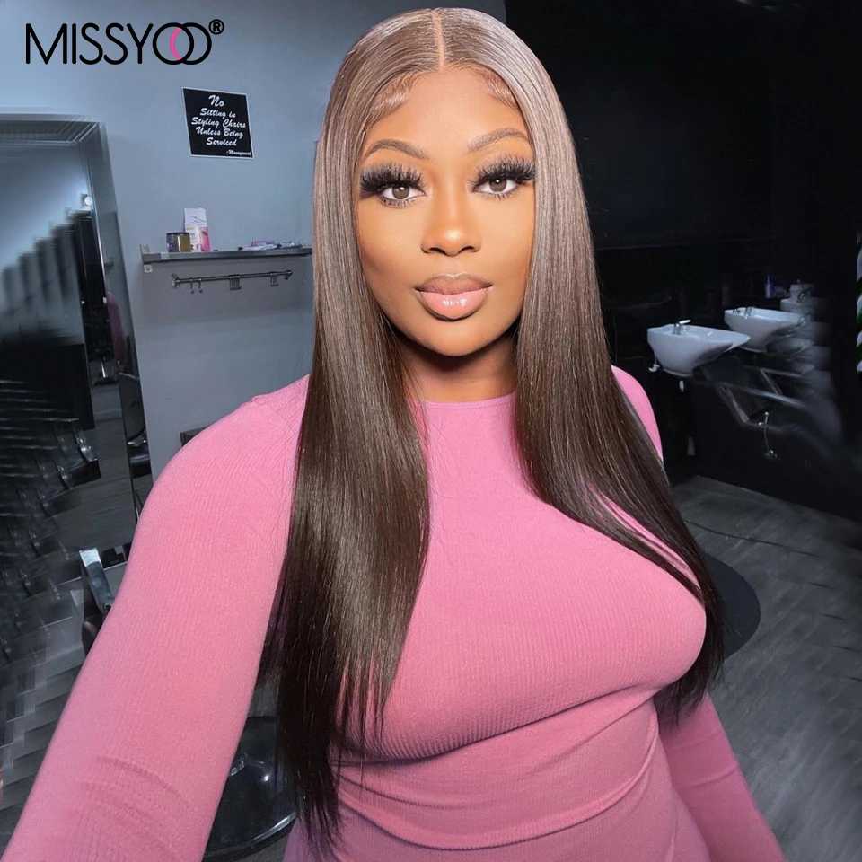 #4 Chocolate Brown Straight Human Hair 13x4 Lace Front Wigs Peruvian Remy Hair Closure Wig Natural Hairline Glueless Honey Brown
