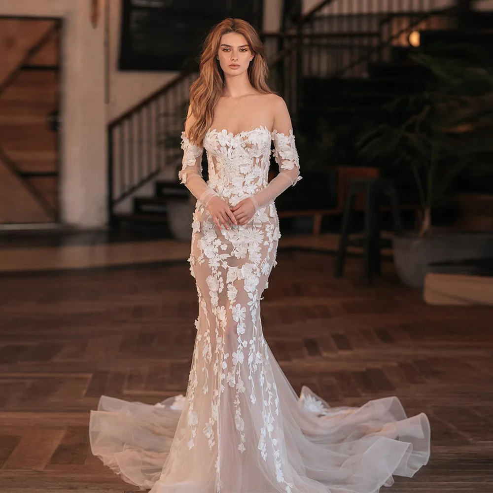 

Long Sleeves Wedding Dress For Bride 2022 Sweetheart Appliques Mermaid Bridal Gowns Boho 3D Flowers Illusion Vestido De Noiva
