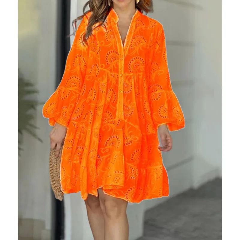 Женское кружевное однотонное платье с вырезами лето-осень элегантное винтажное