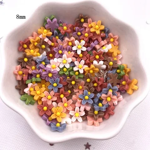 100pcs 8mm Harz 3d Bunte Mini Blume Edelstein Flachback -Figuren Scrapbook Hochzeit Applique Nagelkunst Dekor Handwerk OL560