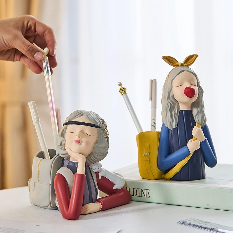 

Pen Holder Stationery Resin Character Sculpture Modern Home Decor Study Room Desktop Decoration