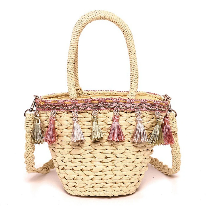 Fashion Women Shoulder Bag Rope Straw Bale Handbags Woven Small Tote Bag Tassels Handmade Beach Bags Rattan Bucket Crossbody Bag
