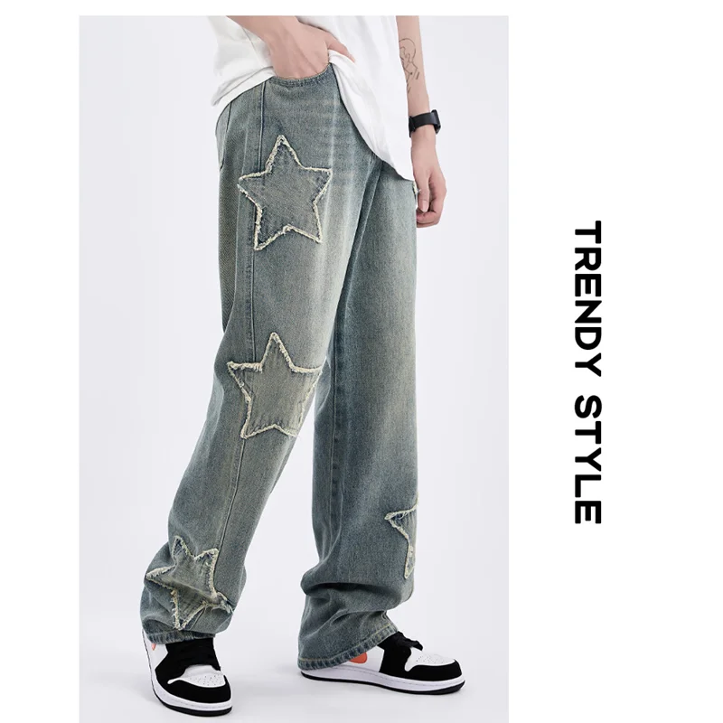 Men's Wear New Pattern Recreational Hip Hop Five Pointed Star Patch Embroidery Comfortable Loose Temperament Jeans Autumn Female
