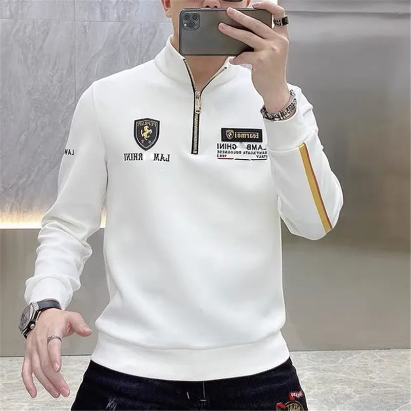 

Gold Line Patchwork Zipper Stand Collar Sweatshirt Men Streetwear Luxury Animal Badge Pullover Hoodie Men Party Sudadera Hombre