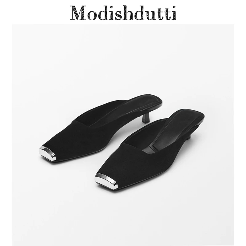 

Летние женские модные черные туфли Modishdutti на тонком среднем каблуке, квадратные шлепанцы, Женская однотонная простая повседневная обувь со ...