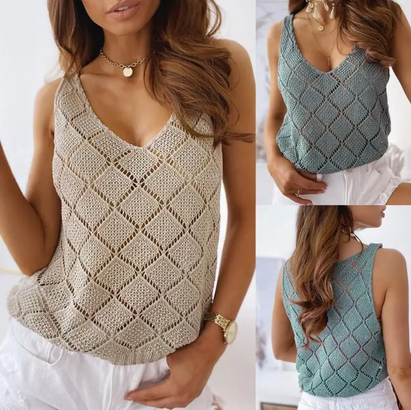 

Women'S Summer New Solid Color Top Fashion Comfortable Breathable Casual V-neck Hollow Vest T-shirt Women