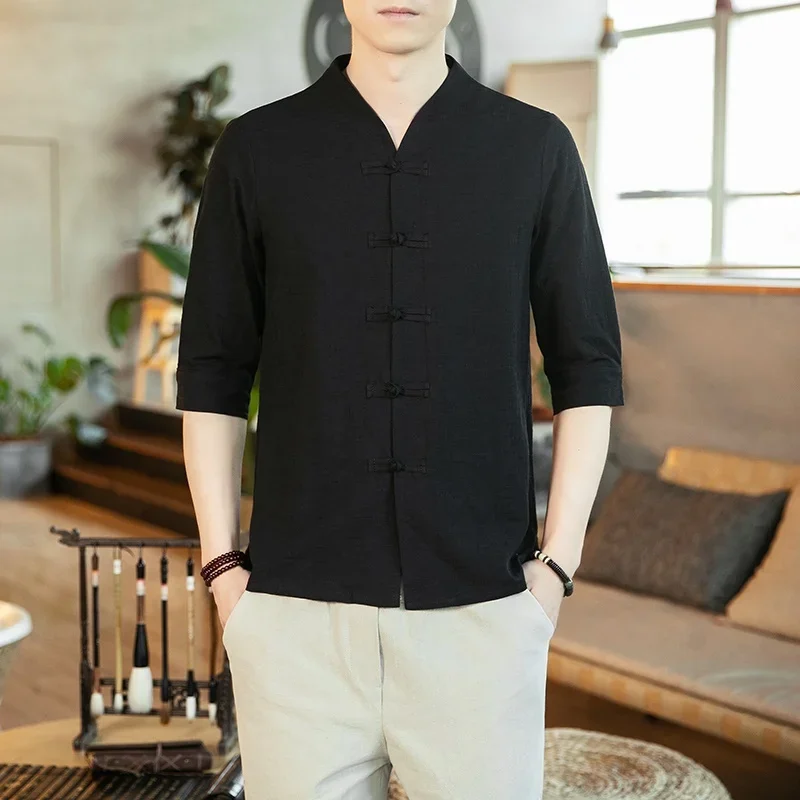 Новинка 2024 мужские топы в китайском стиле льняной костюм Тан однотонная