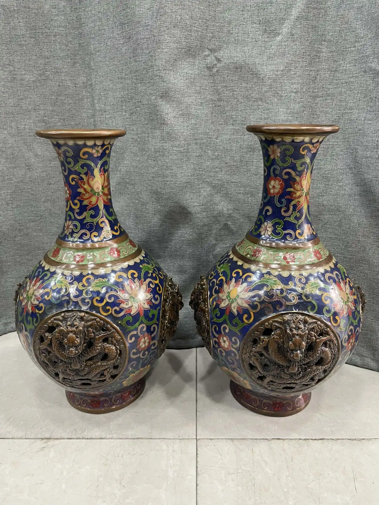 

12"Tibetan Temple Collection Old Bronze Cloisonne Enamel Four Dragon Hollow Out Pattern Vase A Pair Big bellied Bottle Ornaments