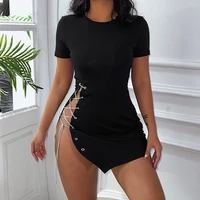 new side bandage dress women elegant split mini dress sexy lady fashion chain black dress 2022 summer party club outfit
