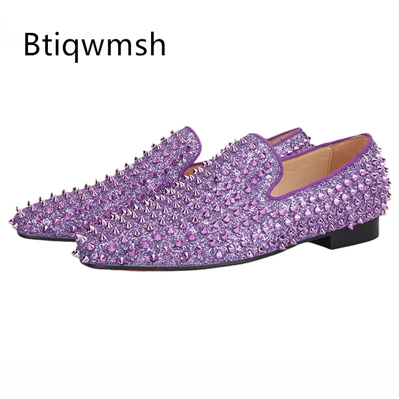 

Purple Sequined Studded Shoes Men Pointed Toe Rivet Flat Shoes For Man Fashion Loafer Shoes Male Party Shoes