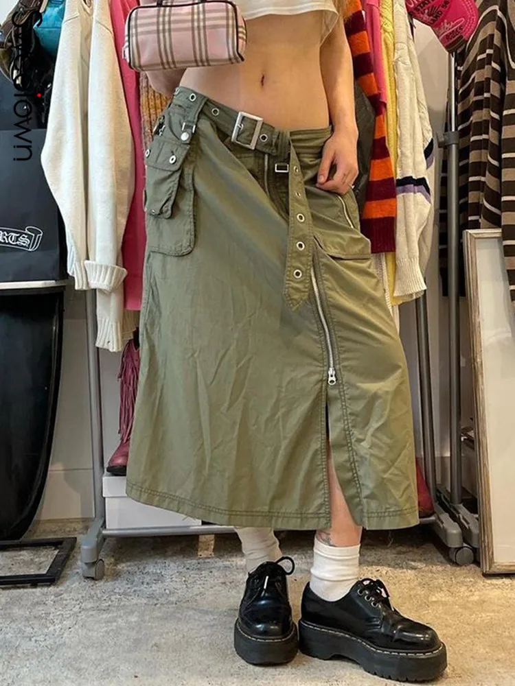 

WeiYao Cargo Style Woman Long Skirts With Sashes Retro Green Low Waist Skirt Preppy Style Zipper Split Vintage Bottoms Y2K