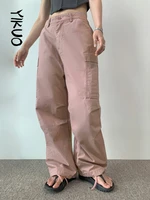 yikuo y2k pockets zipper drawstring pink pants low waist streetwear trousers women sporty joggers basic korean sweatpants
