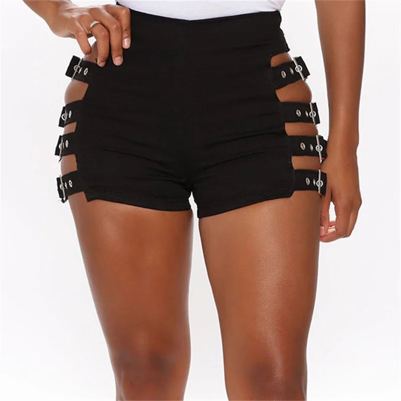 shorts women clothing pantalones cortos mini short mujer Fashion high waist Side scoop Gothic Metal buckle Riding Bar Lead Dance