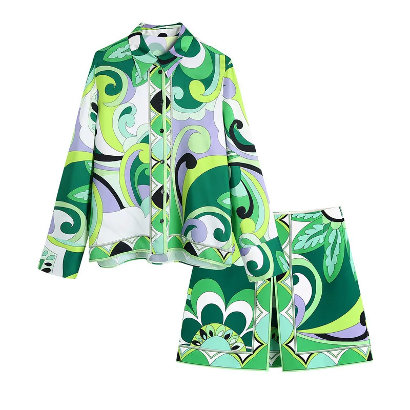 

2022 Summer Woman Casual Geometric Print Suits Traf Chic Purple High Low Hem Top Blouse+ Shorts 2 Piece Sets