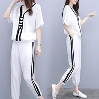 2022 new summer v neck t shirt casual elastic waist sports pant suit female loose size 3xl fashion two piece sets white
