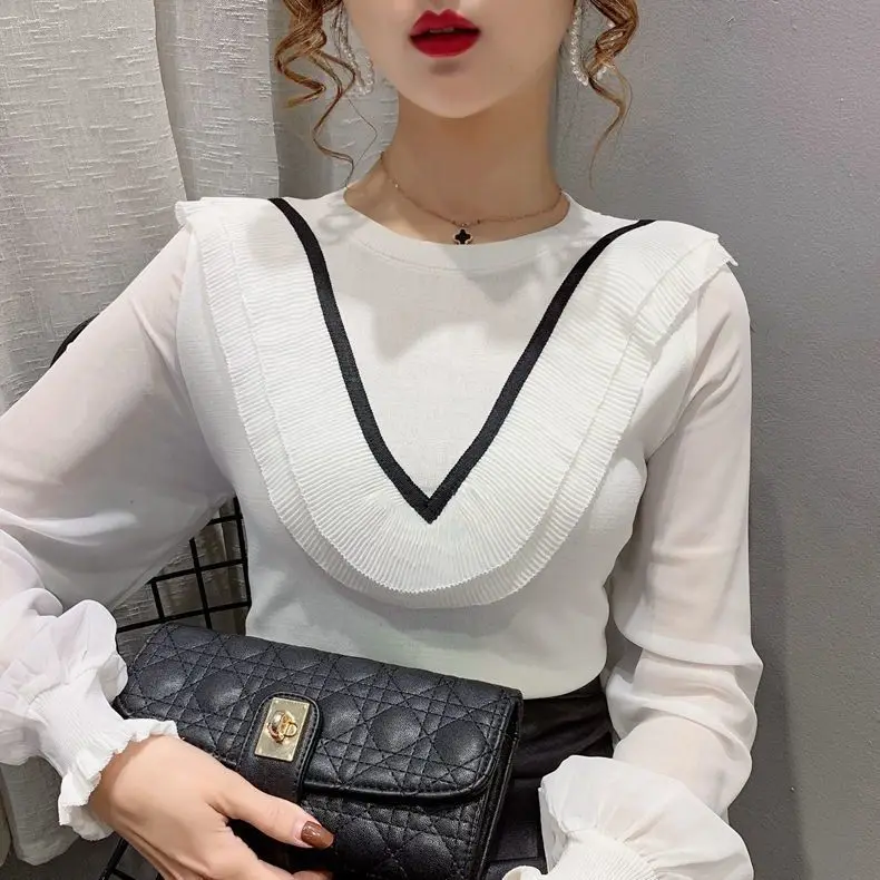 

Women's Chiffon Patchwork Top Thin 2022 Spring Autumn Long Sleeve Ice Silk Round Neck Outside Wearing Bottoming Shirt