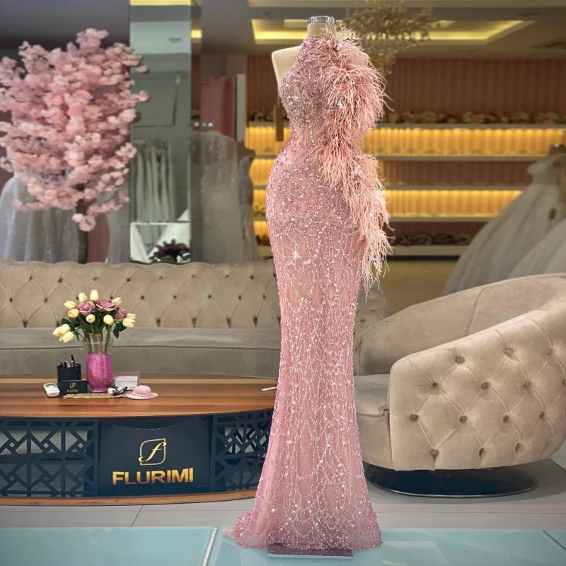 

Saudi Arabic Major Bead Evening Dresses Long Mermaid Crystals 2023 Pink Prom Dress Ostrich Gorgeous Formal Gowns Feather