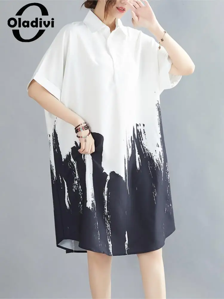 

Oladivi Large Size Short Sleeve Turn-Down Collar Knee-Length Dress Women 2022 Summer New Casual Loose Oversized Dresses Robe 801