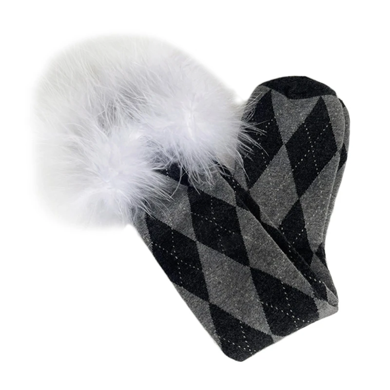 

Women Student Furry Feather Trim Knee High Socks College Style Argyle Diamond Plaid Pattern Lolita Christmas Stockings 양말 니트양말