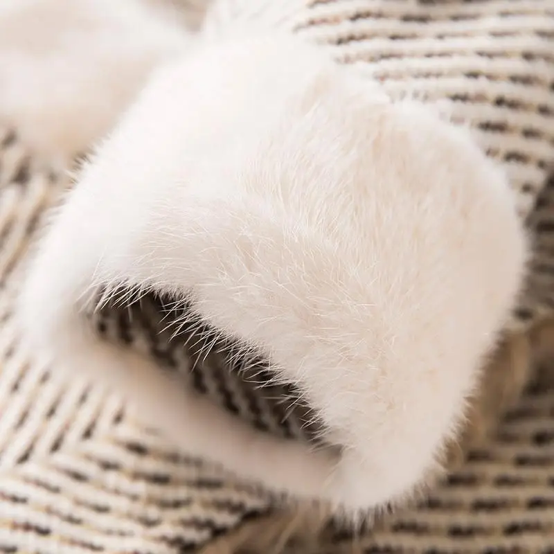 New Winter Tweed Wool Real Fur Coat Women High Quality Thick Warm Mink Fur Lace Up Medium Long Jacket Famale Clothing Parkas Top