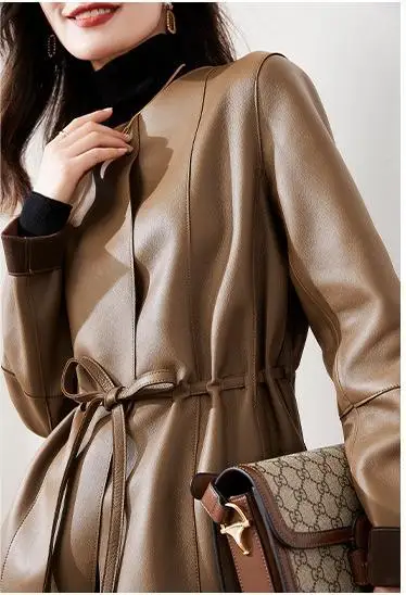 

2023 spring and autumn Women's new top layer sheep skin coat,fashion version slim mid-length leather jacket