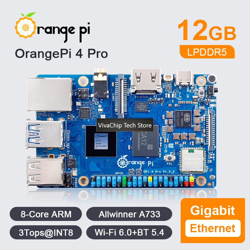 Плата для разработки VivaChip TechOrange Pi 4 Pro с чипом Allwinner A733, 12 ГБ LPDDR5, NPU 3Tops, Wi-Fi 6.0 + BT5.4, слот M.2 M-Key, одноплатная. (art.: 3920da3b3f8fb) - 3920da3b3f8fb