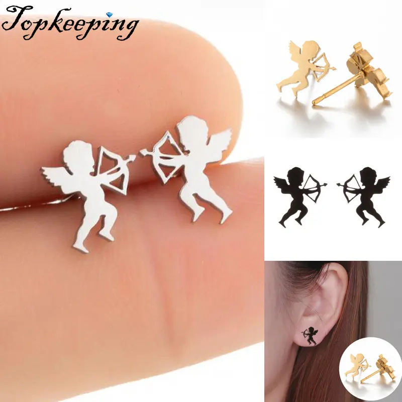 

Angel Stainless Steel Earrings For Women Fashion Hollow Ear Piercing Jewelry Wedding Studs Pendientes 1Pair