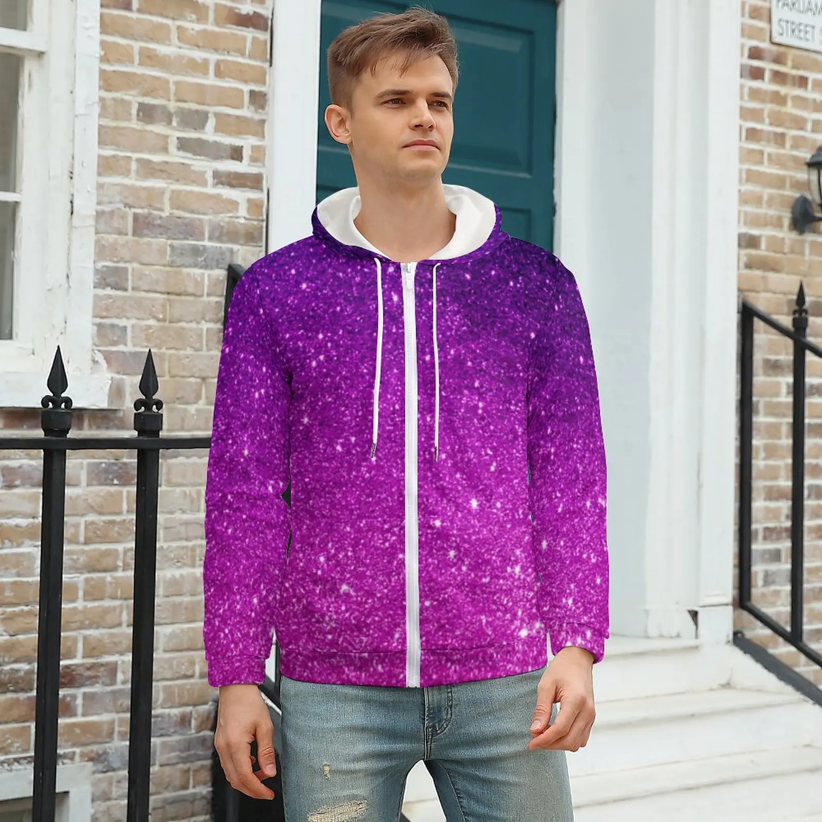 

Блестящая Толстовка с принтом Омбре, волшебная фиолетовая Мужская теплая толстовка на молнии, толстовка большого размера