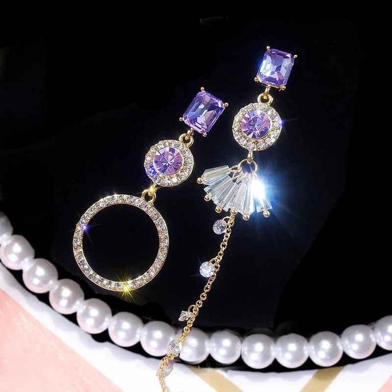 

YAMEGA Purple Rhinestone Asymmetrical Earrings For Women Designer Dangle Party Drop Statement Earrings Korean Trendy Jewelry