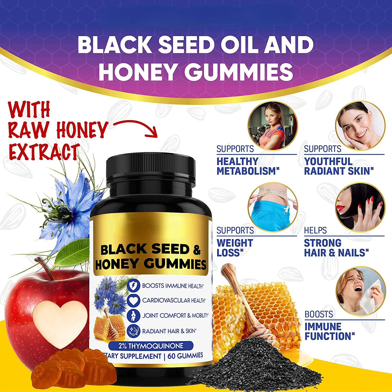 

60 Gummies Black Seed Honey Gummies Boosts Immune Health Cardiovascular Health Joint Comfort & Mobiliy Radiant Hair & Skin