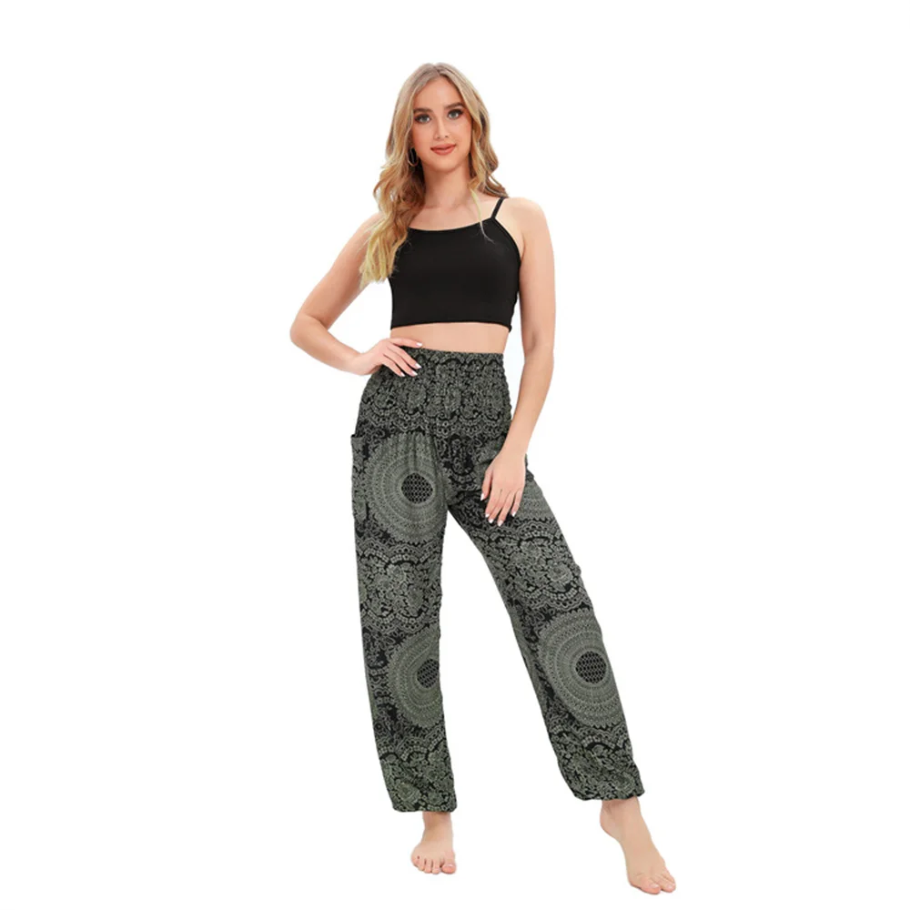 Women's Bohemian Printing Rayon Beach Pants Summer New Elastic High Waist Women Sports Long Trousers Boho Hip Hop Streetwear