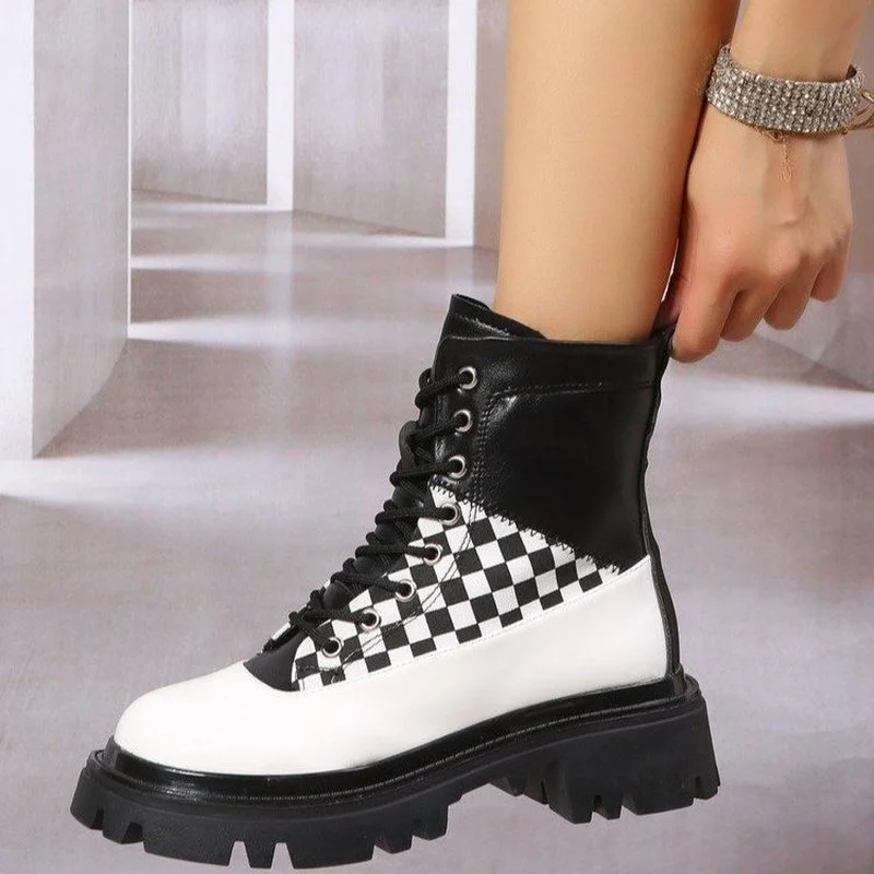 

Leather Women Ankle Boots Shoes Thick Heels Plaid Fashion Sweet Cool Short Boot Ladies Footwear Size 35-40 Platform Shoes NEW