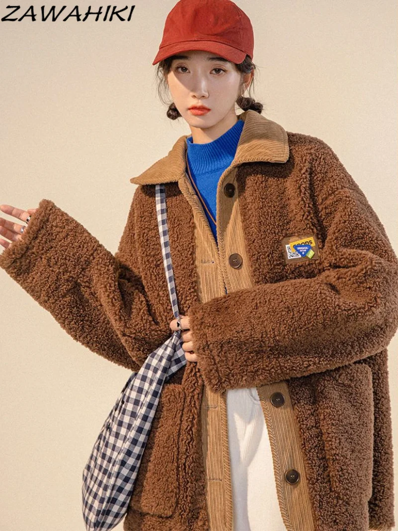 

Fluffy Winter Warm Coat Harajuku Patchwork Button-up Loose Jackets Full Sleeve Jacket Vintage Turndown Collar Cotton Clothes