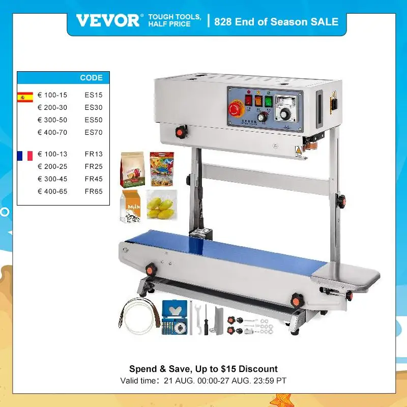 VEVOR Непрерывная вертикальная машина запечатывания 500W автоматический уплотнитель ПВХ покрытие пластиковый логотип для производственной линии PP PE PV OPP