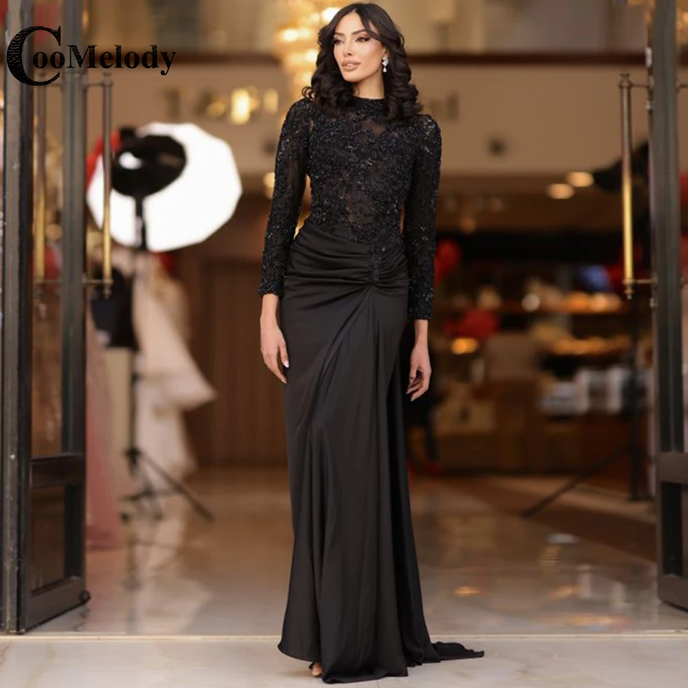 

Coomelody Glamorous Beads O-Neck Formal Occasion Dresses Appliques Pleat Full Sleeves Slim Fit Mermaid Gowns 2023 Abendkleid