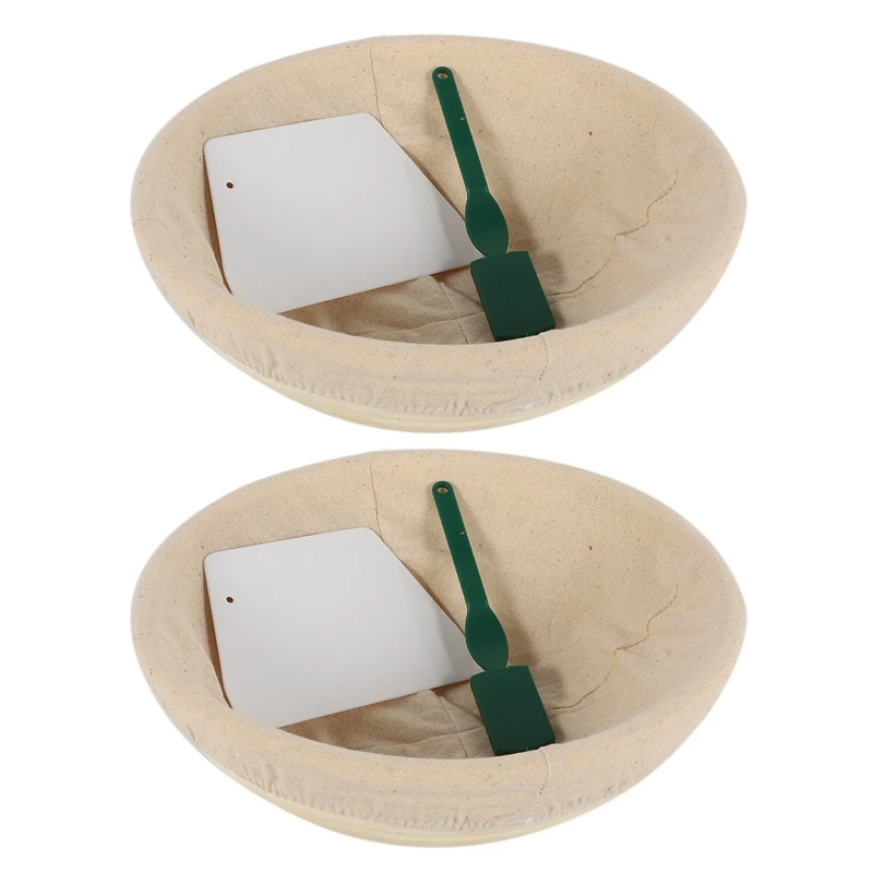 

2X 10 Inch Bread Proofing Basket - Banneton Basket + Cloth Liner + Dough Scraper + Bread Lame - Sourdough Basket Set