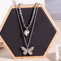 fashion multilayer crystal butterfly necklaces for women silver color heart pendant necklaces trendy jewelry accessories