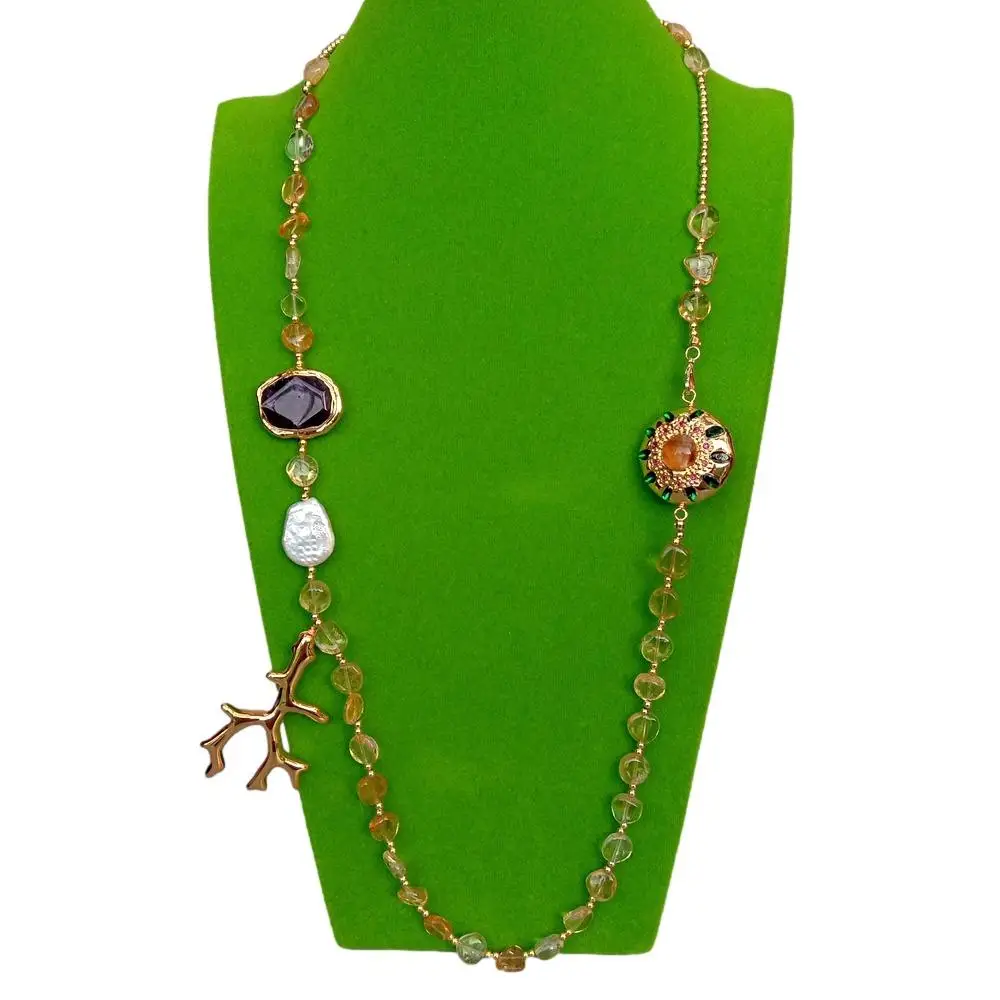 Длинное ожерелье с уникальным натуральным драгоценным камнем YYGEM 10 мм цитрин 22x28