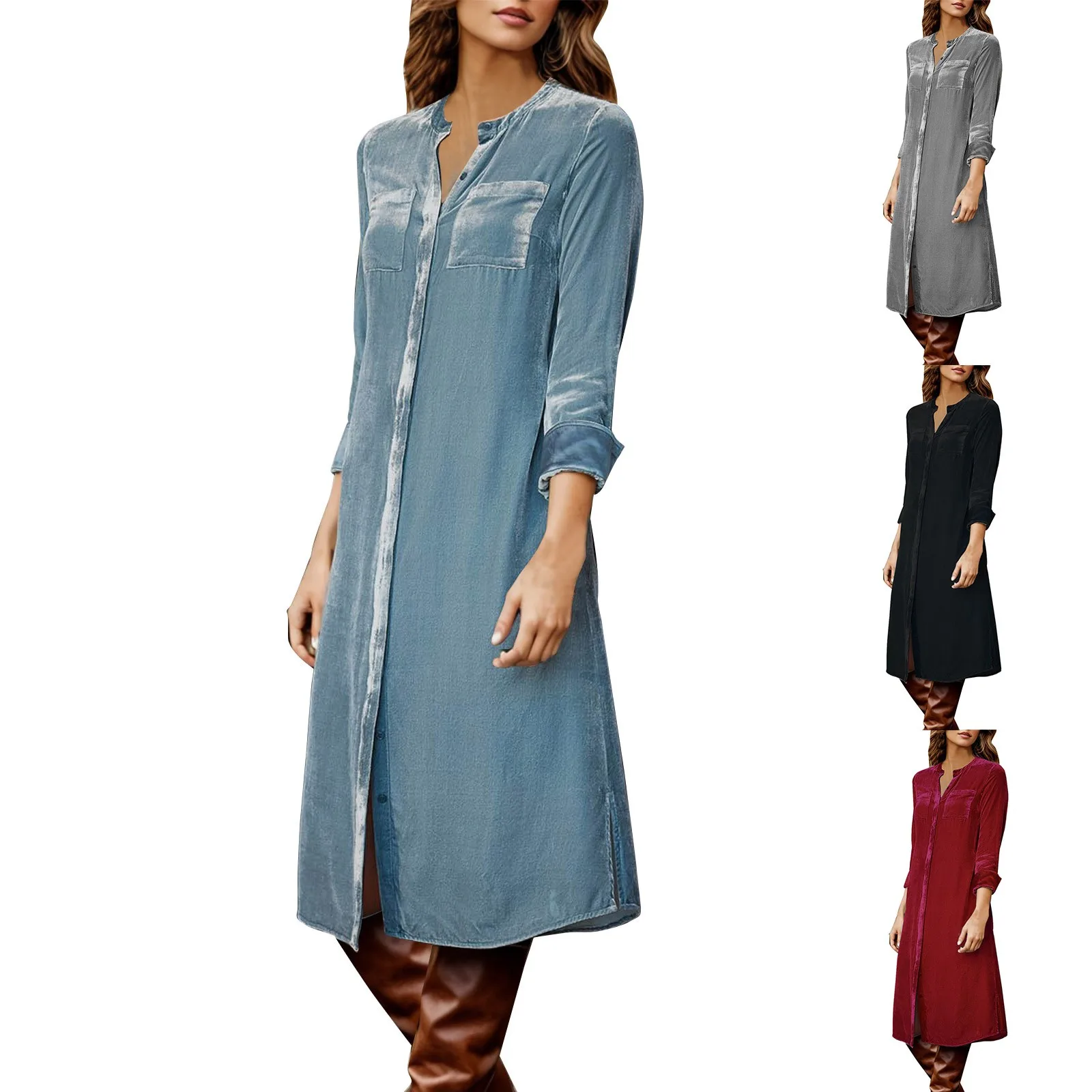 

Женское бархатное платье-рубашка с длинным рукавом и V-образным вырезом